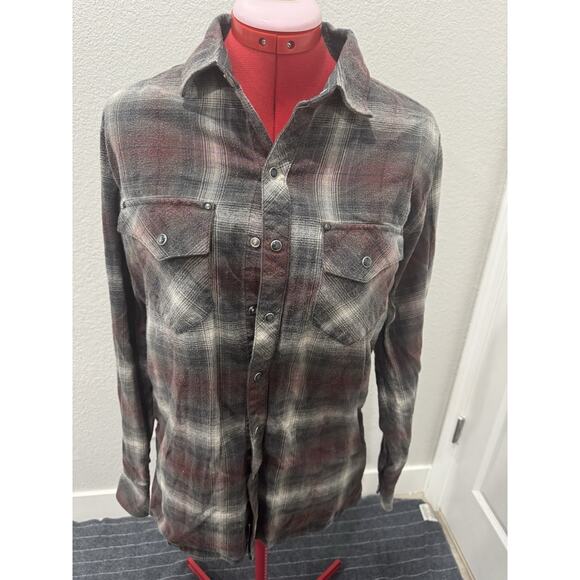 Mens Plaid Flannel Shirt pearl snaps Button Up Long Sleeve Western Gray Red - Picture 1 of 9